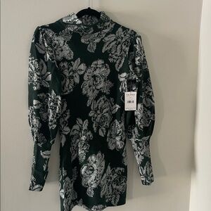 Free People Farrah Wool Blend Mini Dress Green Floral Mock Neck